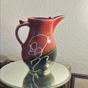 Artistic Red and Black Studio Art Pottery Pitcher Boho Chic
